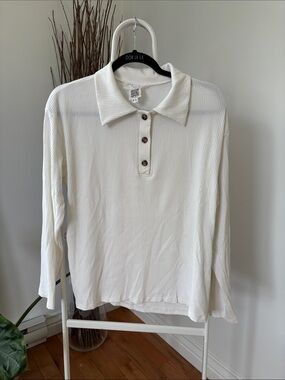 White Ribbed Polo Long-Sleeve Top